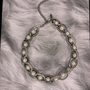 White House Black Market Silver-tone Pearl and Crystal Link Necklace